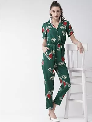 Women Green & Off-White Printed Basic Jumpsuit