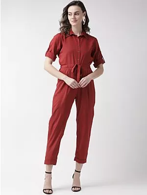 Women Maroon Solid Basic Jumpsuit
