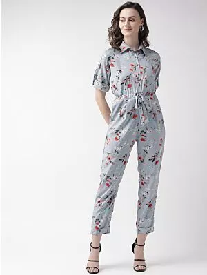 Women Grey & Red Printed Basic Jumpsuit