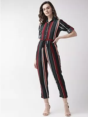 Women Maroon & Black Striped Basic Jumpsuit