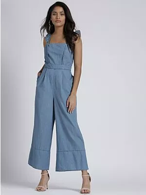 Blue Solid Chambray Basic Jumpsuit