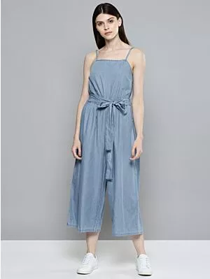 Women Blue Solid Chambray Basic Jumpsuit