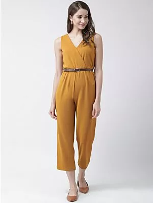 Women Mustard Yellow Solid Basic Jumpsuit
