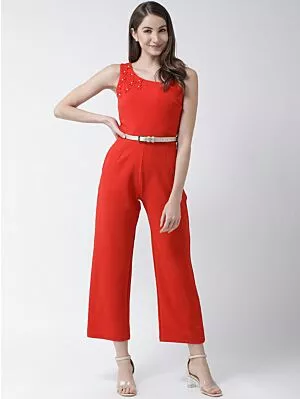 Women Red Solid Basic Jumpsuit