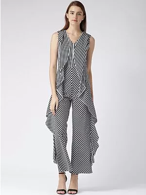 Women Black & White Striped Ruffled Basic Jumpsuit