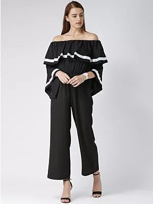 Women Black Solid Ruffled Basic Jumpsuit