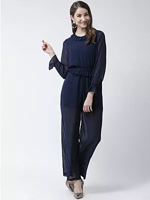 Women Navy Blue Solid Basic Jumpsuit