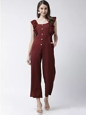 Women Burgundy Solid Basic Jumpsuit