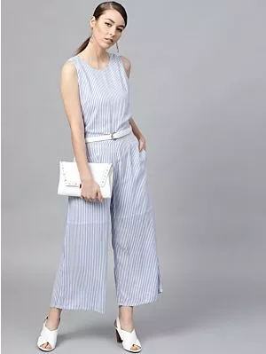 Blue & White Striped Culottes Jumpsuit