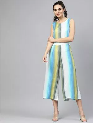 White & Blue Striped Culotte Jumpsuit