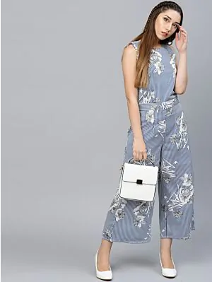 Blue & White Printed Cropped Jumpsuit