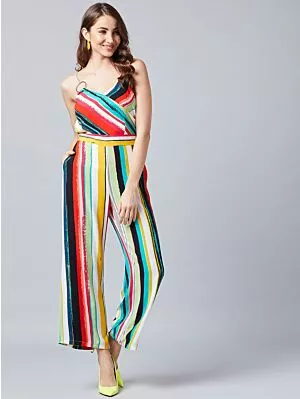 Women Multicoloured Striped Basic Jumpsuit