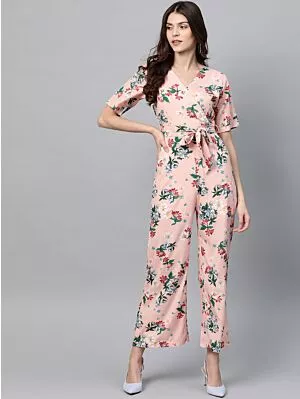 Women Pink & Green Floral Print Basic Jumpsuit