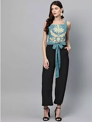 Women Blue & Black Printed Basic Jumpsuit