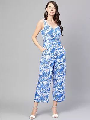 Women Blue & White Printed Basic Jumpsuit