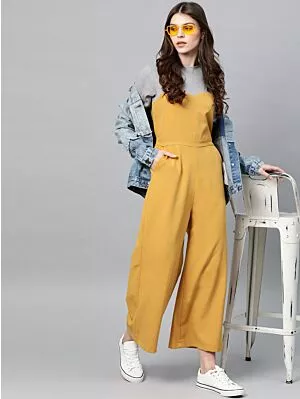 Women Mustard Yellow & Grey Melange Colourblocked Basic Jumpsuit