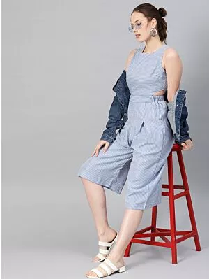 Women Blue & White Striped Culotte Jumpsuit