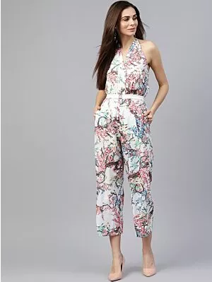 Women White & Pink Printed Culotte Jumpsuit