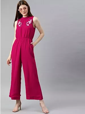 Women Pink Solid Basic Jumpsuit With Embroidered Detailing