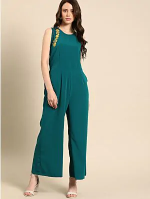 Women Teal Blue Solid Basic Jumpsuit with Embroidered Detailing