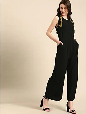 Women Black Solid Basic Jumpsuit with Embroidered Detailing