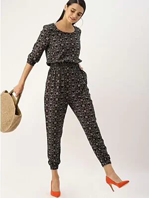 Women Black & Beige Printed Basic Jumpsuit