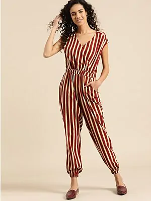 Women Maroon & Off-White Striped Basic Jumpsuit