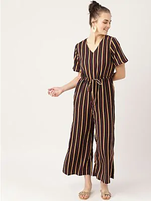 Women Black & Maroon Striped Basic Jumpsuit