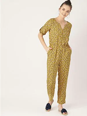 Women Mustard Yellow & Off-White Printed Basic Jumpsuit