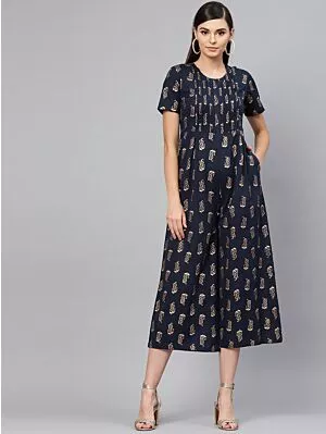Women Navy Blue & Golden Printed Culotte Jumpsuit