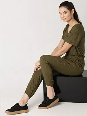 Women Olive Green Solid Basic Jumpsuit