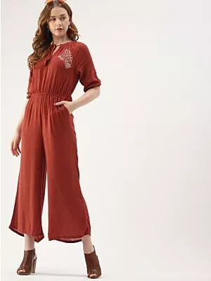 Women Rust Red Solid Basic Jumpsuit