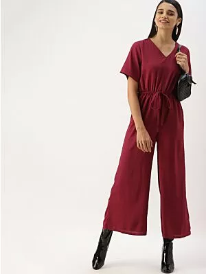 Women Maroon Solid Basic Jumpsuit