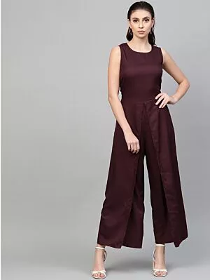 Women Burgundy Solid Layered Basic Jumpsuit