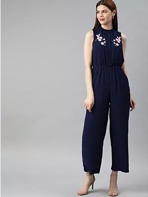 Women Navy Blue Solid Basic Jumpsuit With Embroidered Detailing