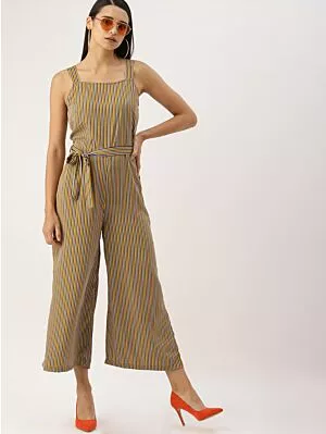 Women Mustard & Navy Blue Striped Basic Jumpsuit