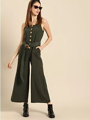 Women Olive Green Solid Basic Jumpsuit