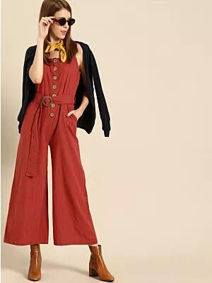 Women Rust Brown Solid Basic Jumpsuit