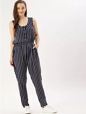 Navy Blue & Off-White Striped Basic Jumpsuit