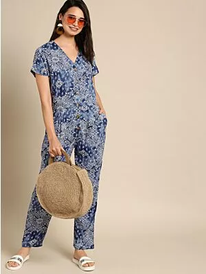 Women Blue & White Printed Basic Jumpsuit