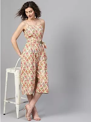 Beige & Pink Printed Culotte Jumpsuit