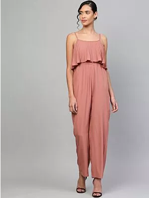 Women Dusty Pink Solid Layered Basic Jumpsuit