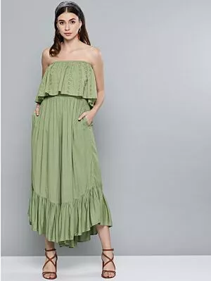 Women Olive Green Schiffli Embroidered Basic Jumpsuit