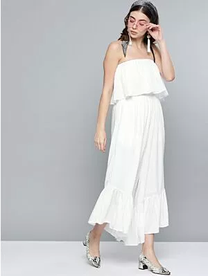 Women White Schiffli Embroidered Basic Jumpsuit