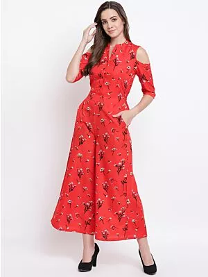 Women Red & Black Printed Cold-Shoulder Basic Jumpsuit