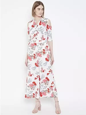 Women White & Red Printed Cold-Shoulder Basic Jumpsuit
