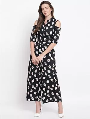 Women Black & White Printed Cold-Shoulder Basic Jumpsuit