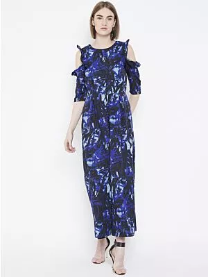 Women Blue & Black Printed Cold-Shoulder Basic Jumpsuit