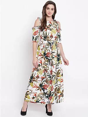 Women White & Green Printed Cold-Shoulder Basic Jumpsuit