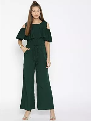 Olive Green Solid Cold-Shoulder Jumpsuit